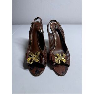 J Vincent Brown Snakeskin Print Slingback Peep Toe Heels Size 8.5